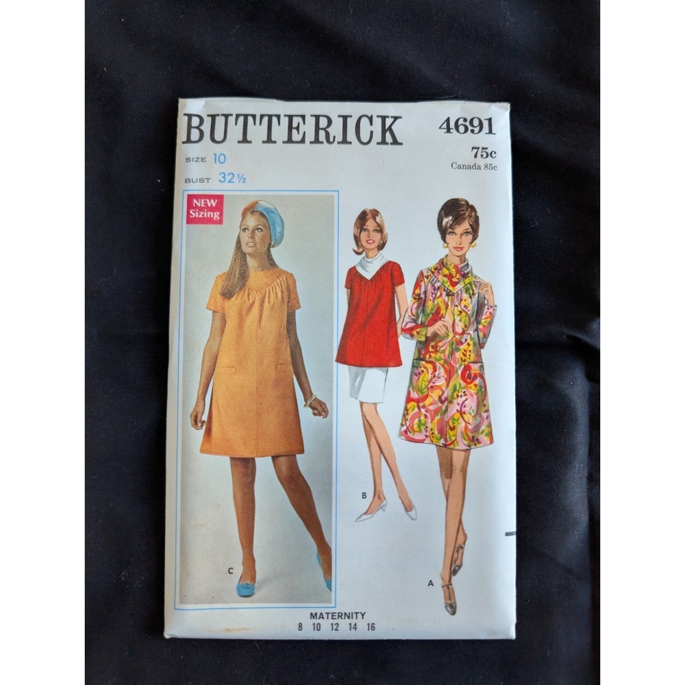VTG 1968 Butterick 4691 Uncut Maternity Dress Top Size 10 Bust 32.5 Pattern